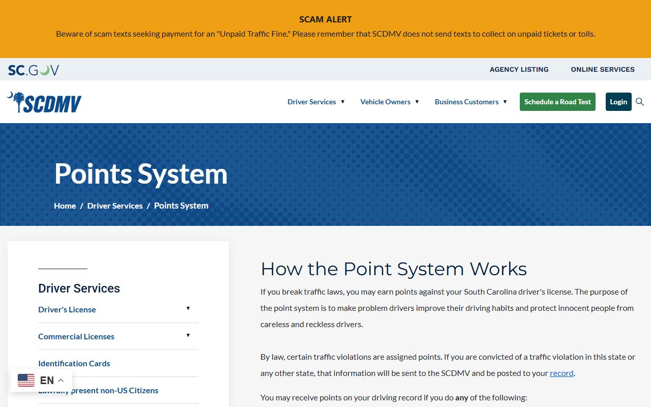 Jasper County traffic court records SCDMV points system