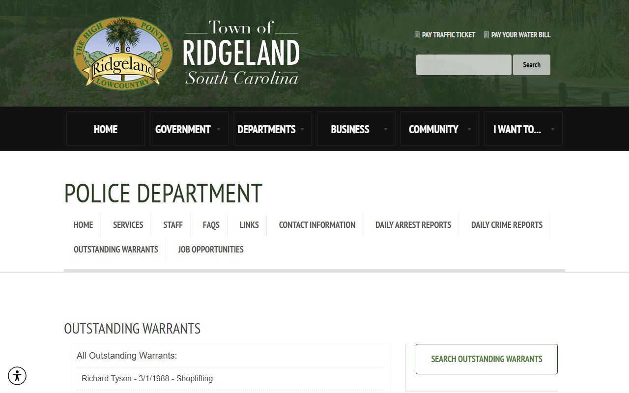 Jasper County warrant records Ridgeland outstanding warrant list